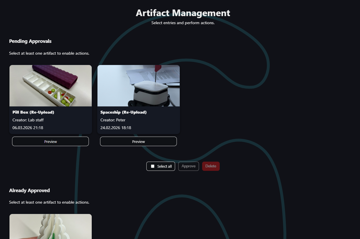Manage page showing the artifact grids for pending approvals on top and already approved artifacts below