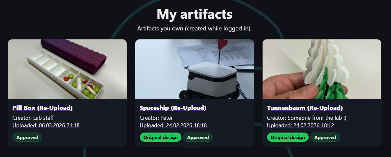 MyArtifacts page with artifact grid.