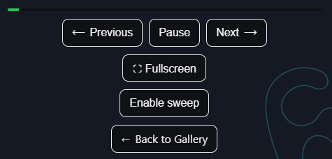 Presentation side bar controls: Previous, Beck, Pause, Fullscreen, Disable sweep and Back to Galley Button